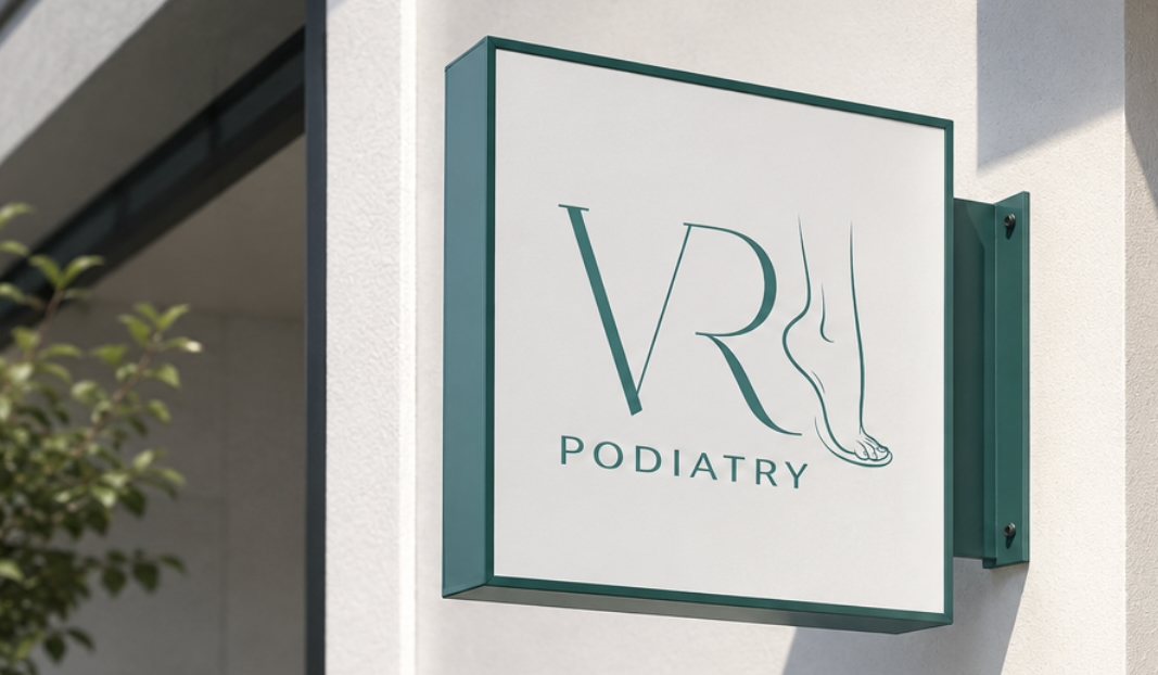 VR Podiatry signage outside the clinic on Rectory Lane, Chelmsford
