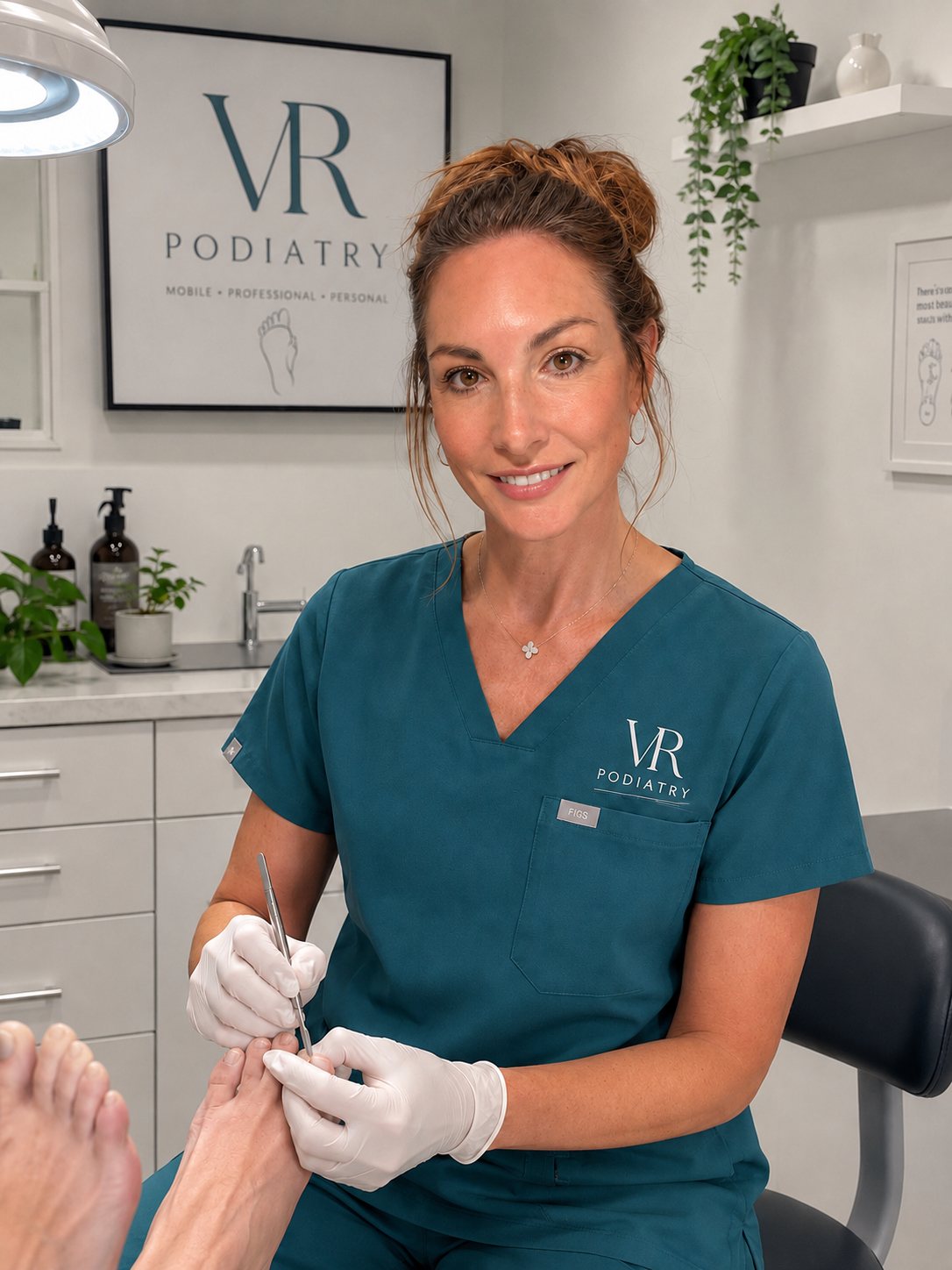 Victoria Rose, HCPC-registered podiatrist, treating a patient at VR Podiatry in Chelmsford
